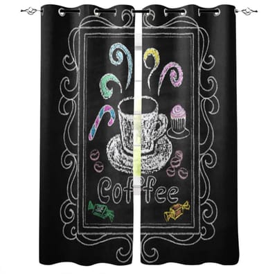 2 panelen Koffie Tekst Graffiti Zwarte Achtergrond Keuken Raamgordijn voor Woonkamer Slaapkamer Huisdecoratie Keuken voor Raam Gordijnen 2x50Wx50H(CM)&Grommet Top gray