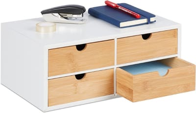 Famanu - Bureau organizer, met 4 lades, bamboe &, HBD: 14 x 33 x 21 cm, mini ladekast, wit/natuur