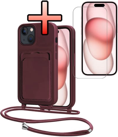 Hoes Geschikt voor iPhone 15 Plus Hoesje Pasjeshouder Cover Met Koord Case Siliconen Hoes Met Telefoonkoord en Kaarthouder Met Screenprotector - Aubergine