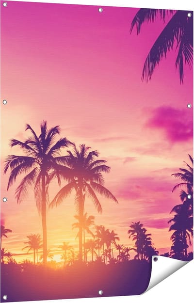 Gards Tuinposter Tropische Palmbomen met Zonsondergang - 90x120 cm - Tuindoek - Tuindecoratie - Wanddecoratie buiten - Tuinschilderij