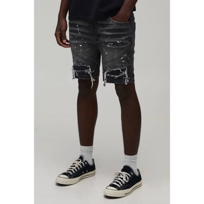 Super Skinny Biker Rip & Repair Paint Splatter Denim Shorts | Black | Size 44