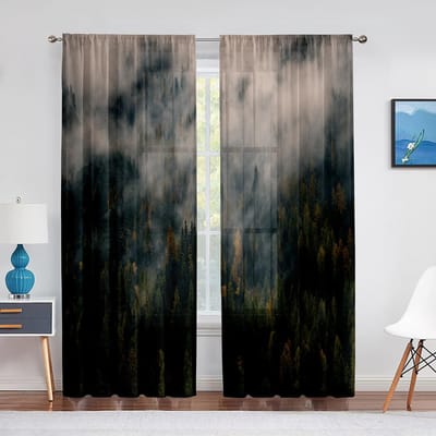 Bomen Bos Mystiek Mistig Natuur Bosland Transparante Voile Gordijn voor Woonkamer Slaapkamer Keuken Decor Tule Gordijnen Raam Draperie 1 PCS W100XH250cm&Grommet Top
