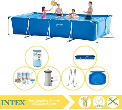 Intex Rechthoekig Frame Zwembad - 450 x 220 x 84 cm - Blauw - Inclusief Afdekzeil - Onderhoudspakket - Zwembadfilterpomp - Filter - Ladder - Voetenbad - 7-delig