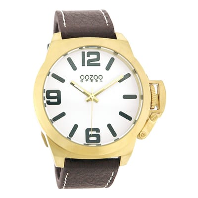 OOZOO Timepieces - Goudkleurige horloge met bruine leren band - OS009