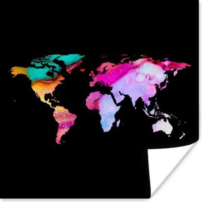 Poster 30x30 cm - Wereldkaart - Kleuren - Verf - Posters - Kamer decoratie - Wanddecoratie woonkamer - Muurdecoratie slaapkamer
