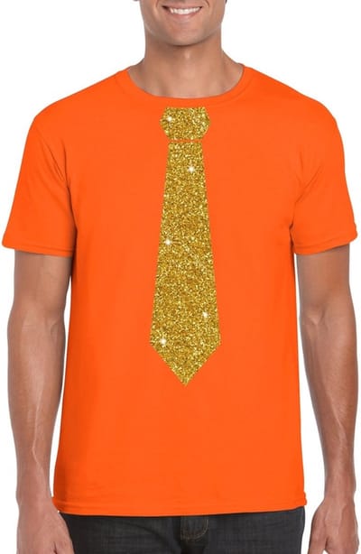 Oranje fun t-shirt met stropdas in glitter goud heren - leuk voor Koningsdag S