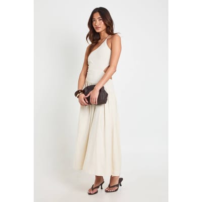 boohoo Dames Premium Linnen Jurk Met Cut-out En Gerimpeld Detail In Midaxi Lengte | Natural | Maat: 40