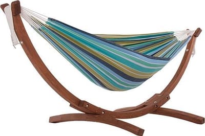 Vivere Double Katoenen Hangmat met Massief Houten Standaard - Cayo Reef