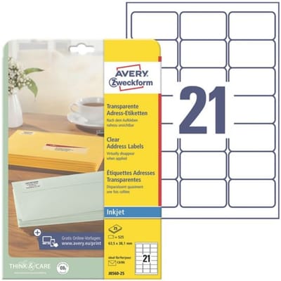 Avery - Adressetiketten - klar - 63,5 x 38,1 mm - 525 Etikett(en) (25 Bogen x 21) (J8560-25)