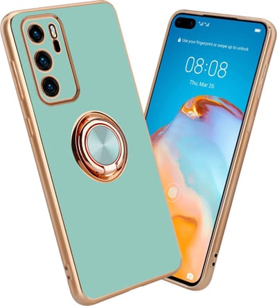 Cadorabo Hoesje geschikt voor Huawei P40 in Glossy Turquoise - Goud met ring - Beschermhoes van flexibel TPU-silicone Case Cover met camerabescherming en magnetische autohouder