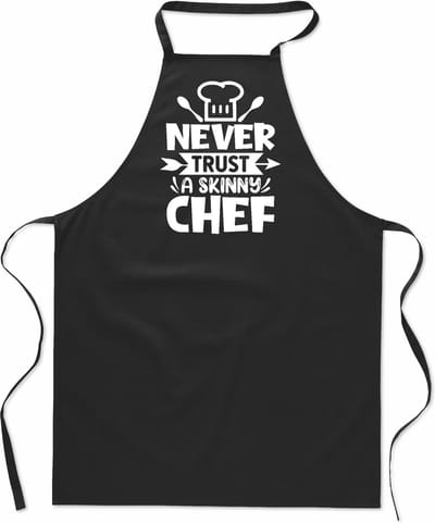 Tekstschort - Keukenschort - kookschort - Never trust a skinny chef - 100% katoen - verjaardag en feest - cadeau - kado - unisex - zwart
