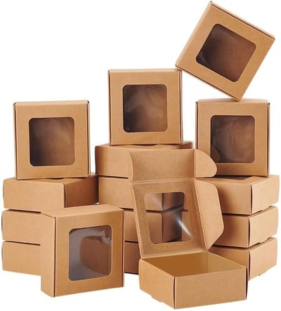 36 Stuks Bruine Kraft Papieren Dozen met Doorzichtige Vensters, 7.5 x 7.5 x 3 cm, Cadeauverpakkingen voor Feesten, Bruiloften en Bakkerijen