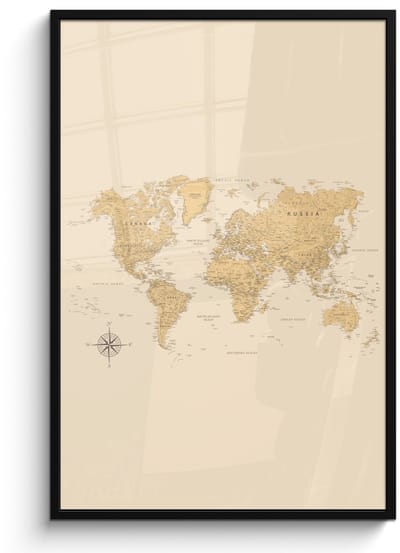 Poster in lijst - Fotolijst 80x120 cm - Posters - Wereldkaart - Realistisch - Beige - Posterlijst zwart - Decoratie - Wanddecoratie woonkamer - Muurdecoratie slaapkamer