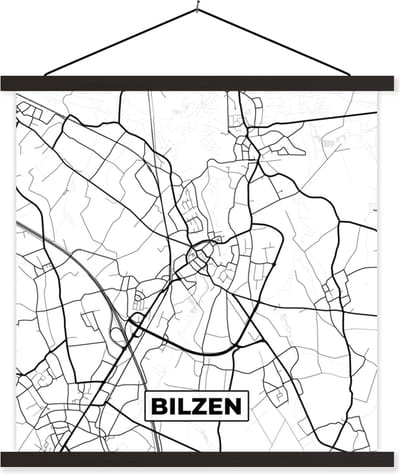 Posterhanger incl. Poster 60x60 cm - Schoolplaat - Zwart Wit – België – Plattegrond – Stadskaart – Kaart – Bilzen - Textielposter - Zwarte latten - Stadskaart