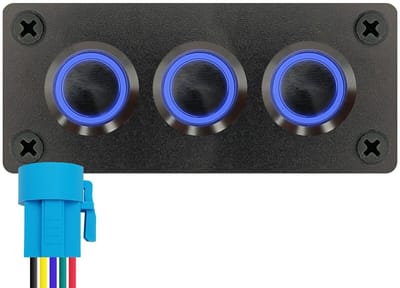 ProRide Metalen drukschakelaars in Drievoudig inbouwpaneel 220V ON-OFF - 19mm - IP67 - LED indicatie Blauw