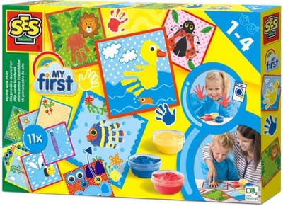 SES Creative - My First - Mijn Eerste Kunstwerk - inclusief 3 kleuren Vingerverf en 11 Vrolijke Kaarten - Makkelijk Uitwasbaar - Vingerverfset 1 tot 4 jaar