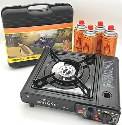 Thijox - Camping kooktoestel - Draagbaar Gasfornuis met 4x gasflessen en koffer - Lichtgewicht en gebruiksvriendelijk voor camping, tuin en buitenfees