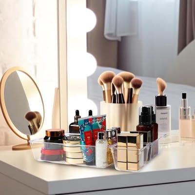 Candala transparante lade-organisatiesysteem met kunststof opbergdozen in 4 maten, antislip, transparante make-up-organizer voor badkamer, cosmetica, commode, keuken, kantoor enz