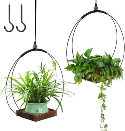 Dailygoods- Bloemenhanger 2 Stuks - Hangpot voor Binnen - Houten Voet - Boho Stijl - Draagvermogen 10 kg - Cirkeldiameter 30 cm