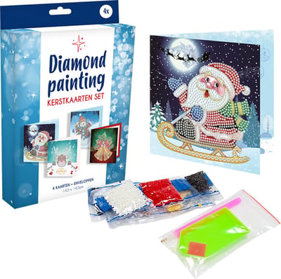 Kerstkaarten - Diamond Painting - 14.5 x 14.5 - 4 Kaarten + Enveloppen - Kerstkaartenset
