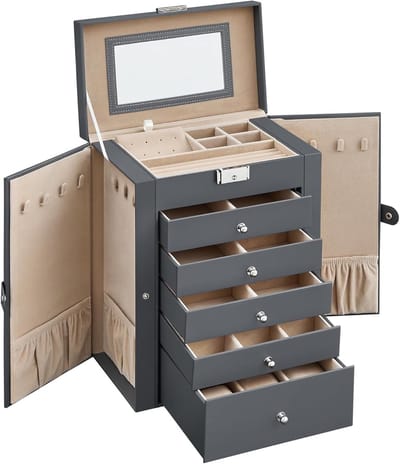 Sieradendoos, Juwelendoos, Kerstmis, grote juwelendoos met 6 niveaus, juwelendoos met scharnierende zijdeuren, laden, spiegel en slot, voor ringen, oorbellen, horloges, grijs JBC152G01