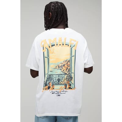 Oversized Heren Script Amalfi Print T-shirt | White | Size Large