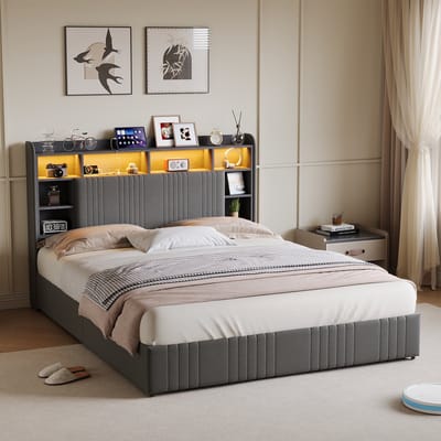 Tweepersoons LED Bed 140x200 cm met Boekenkast en 4 Opbergladen, Donkergrijs Gestoffeerd Hoofdbord, USB Oplaadpoorten en RGB Verlichting