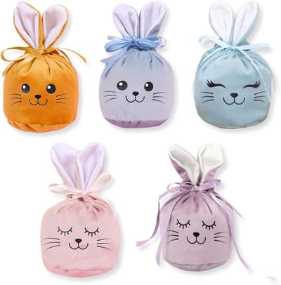 Easter tasjes set van 5 stuks van fluweel met oren, herbruikbare paastassen, alternatieve paaseieren manden in konijnenontwerp, perfect voor Pasen en eieren vullen