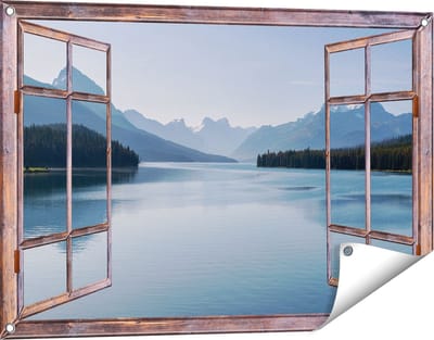 Gards Tuinposter Doorkijk Meer bij de Bergen in Alberta, Canada - 90x60 cm - Tuindoek - Tuindecoratie - Wanddecoratie buiten - Tuinschilderij