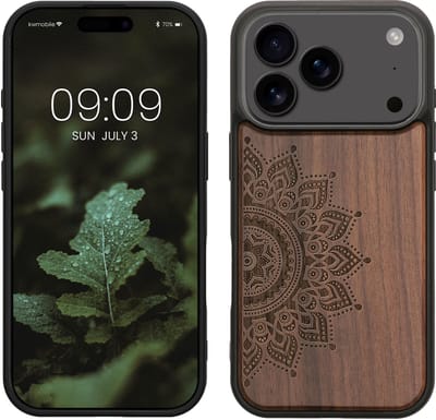 kwmobile telefoonhoesje geschikt voorApple iPhone 18 Pro / iPhone 17 Pro - Hoesje met bumper - hout - In donkerbruin Opkomende Zon design