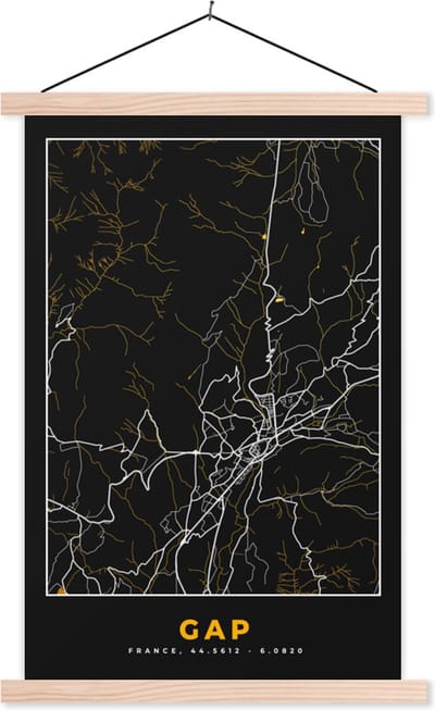 Posterhanger incl. Poster 40x60 cm - Schoolplaat - Kaart - Frankrijk - Stadskaart - Plattegrond - Gap - Textielposter - Blanke latten - Stadskaart