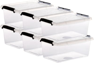 5Five opberg kist met deksel - 6x - Clip Box - 4,5 liter - 29 x 20 x 12 cm - kunststof - transparant