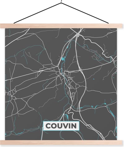 Posterhanger incl. Poster 40x40 cm - Schoolplaat - België – Couvin – Stadskaart – Kaart – Blauw – Plattegrond - Textielposter - Blanke latten - Stadskaart