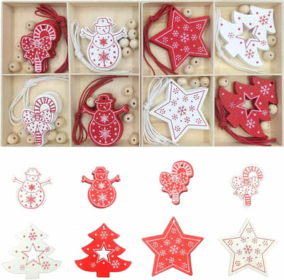 32 Stuks Houten Kerstboomdecoraties, Kerstversiering voor Feesten en Decoratie, Kerstpendants en Ornamenten