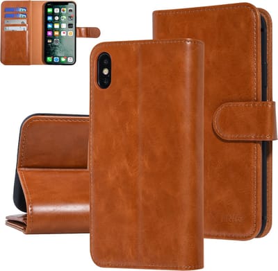 UNIQ Accessory iPhone Xs Max Zachte huid Booktype hoesje - Pasjeshouder 3 pasjes - Donker Bruin