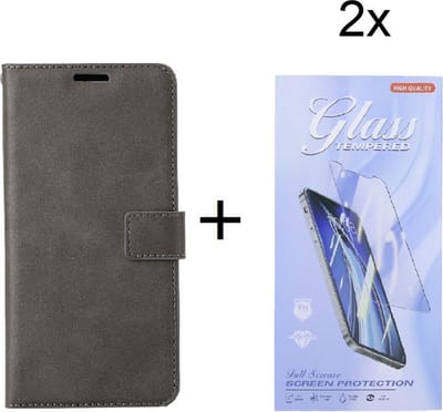 Bookcase Geschikt voor: Motorola Edge 30 - Grijs - portemonnee hoesje met 2 stuk Glas Screen protector