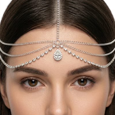 Zilverkleurige haarketting dames statement hoofdketting met druppel hanger strass steentjes meerlaagse ketting haar accessoire