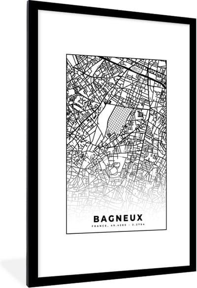 Fotolijst incl. Poster Zwart Wit- Stadskaart - Plattegrond - Kaart - Frankrijk - Bagneux - Zwart wit - 80x120 cm - Posterlijst