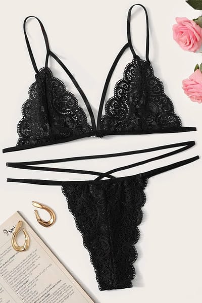 La Nuita Zwarte Kanten Lingerie Set - Verleidelijke Strappy Bh en String - Tweedelige Vrouwen BH-set - S t/m XL