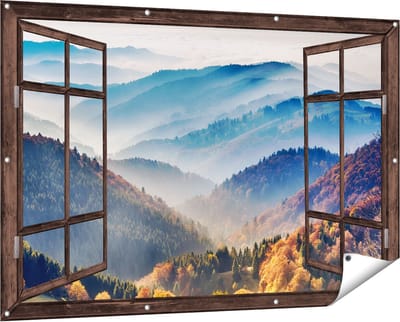 Gards Tuinposter Doorkijk Heuvel Landschap van het Zwarte Wout Bos - 150x100 cm - Tuindoek - Tuindecoratie - Wanddecoratie buiten - Tuinschilderij