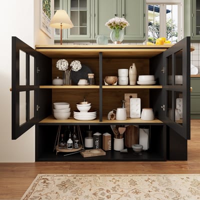 MODFU - Draaibare Bartafel Met Opbergruimte - Uitschuifbaar En Met Glazen Deuren - Modern - MDF - Zwart - 138-204 x 39 x 102,5 cm