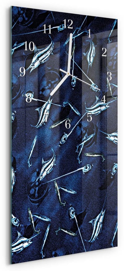 Tulup Wandklok - Vis Klok Glas Met Opdruk - 30x60 cm - Blauw Moderne Wandklok Glas - Witte Handen - Rechthoekige Wandklok - Wandklok Glas Met Motief - Decoratieve Glazen Klok