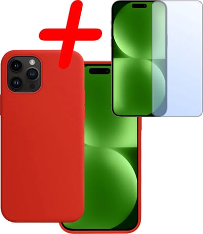 Hoesje Met Screenprotector - Geschikt voor Apple iPhone 15 Pro - Sterk & Shockproof - Back Cover - Siliconen Case - Telefoon Hoes - Rood