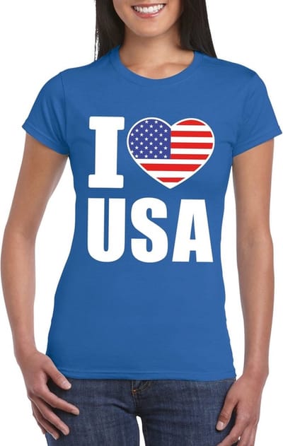 USA Amerika supporters kleding t-shirt - voor dames - blauw - met vlag kleuren print - korte mouwen S
