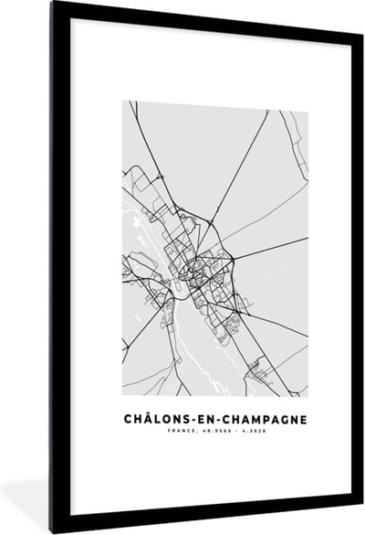 Fotolijst incl. Poster - Frankrijk – Plattegrond – Kaart – Châlons-en-Champagne – Stadskaart - 60x90 cm - Posterlijst