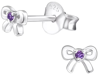 Joy|S - Zilveren strikje oorbellen - 5 x 3.5 mm - massief sterling zilver 925 - zirkonia paars - geboorte steen februari - oorknopjes - kinderoorbellen