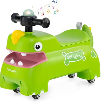 COSTWAY Glijauto, glijvoertuig met opbergruimte onder de zitting, dinosaurus, schuifvoertuig met verlichting, muziek en claxon, glijbaan auto voor kinderen vanaf 1 jaar (groen)