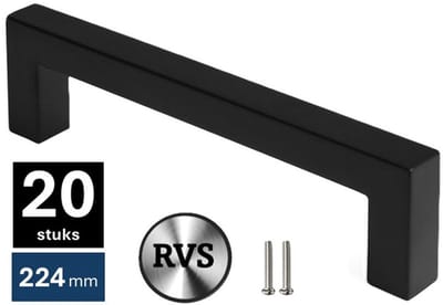 20 X MSQDESIGN Handgrepen RVS zwart - Boormaat 224mm - zwarte Handgreep voor Keuken & Kast - Moderne Meubelgreep - Keukengreep Mat zwart -Kastgrepen- zwarte Greepjes Keuken - zwarte RVS Handvatten - Deurgreepjes -incl schroeven