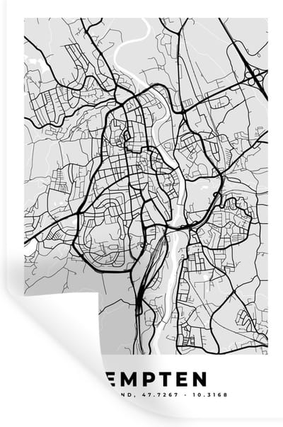Muurstickers - Sticker Folie - Plattegrond - Kempten - Kaart - Stadskaart - Duitsland - 20x30 cm - Plakfolie - Muurstickers Kinderkamer - Zelfklevend Behang - Zelfklevend behangpapier - Stickerfolie