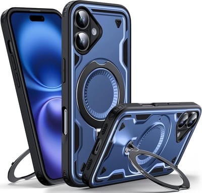 Magsafe Hoesje Geschikt voor iPhone 16 Hoesje Navy - Armor Hoesje met Met Draaibare Ring Houder